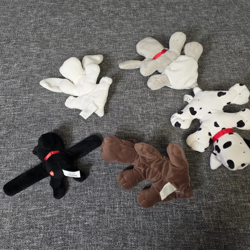 Pound Puppies Bundle 4 Plush Stuffed Animals 1 Snap Bracelet Black Brown Spotted